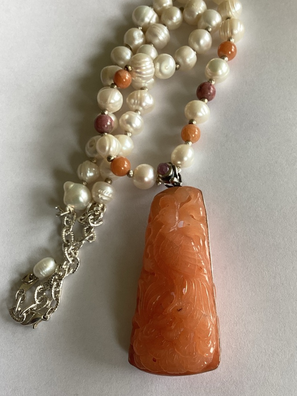 Carved Peach Coral Pendant and Freshwater Pearl Necklace - Peach